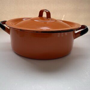 Huta Silesia Pan Lid Enamelware Orange Poland 18 Farmhouse Camping MCM Vintage